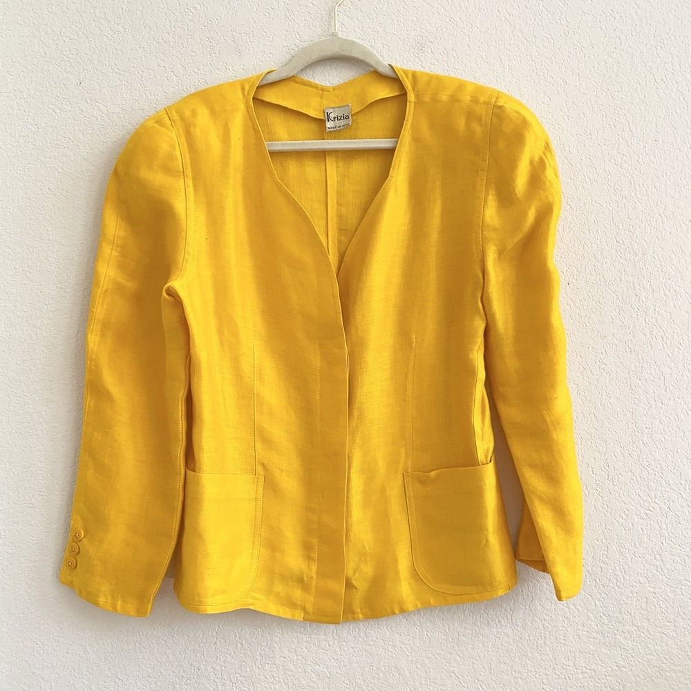 VTG Krizia Button Front Jacket‎ Women Size 44/XL 100% Linen Golden Yellow Italy